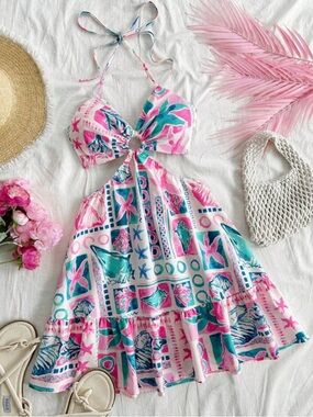 SHEIN Pink & Teal Tropical Cutout Halter Sundress